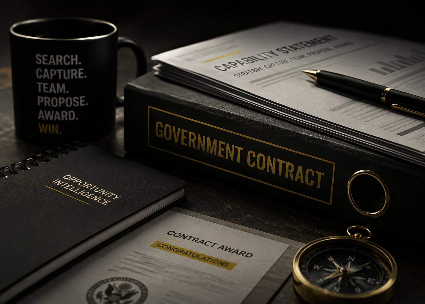 Government contracting pipeline: search, capture, team, propose, award